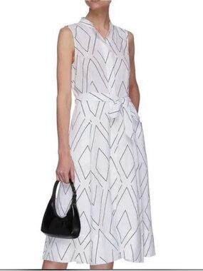 Equipment White Sleeveless Geometric Tie-Waist Midi Dress